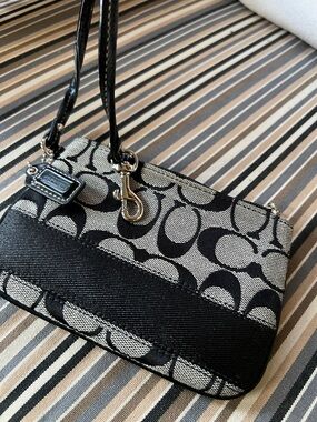 Coach Black and Silver Signature Canvas Wristlet with Logo Tag